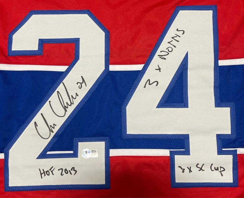 Chris Chelios Signed Canadiens Custom Jersey w/ 3x Ins Beckett Witness BAS COA