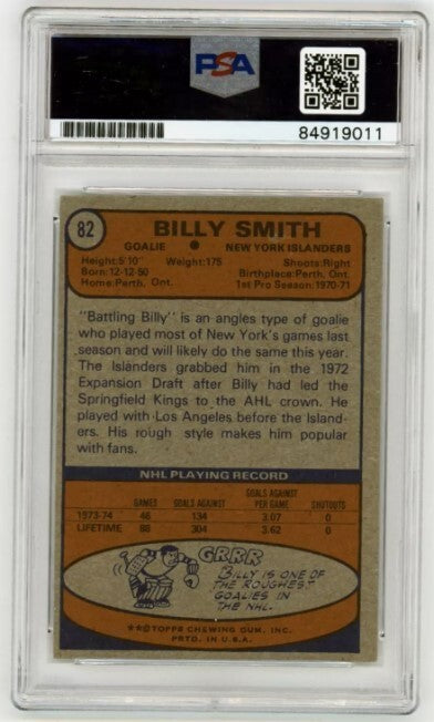 Billy Smith 1974-75 Topps #82 Signed PSA Authentic Auto Black Ink Islanders