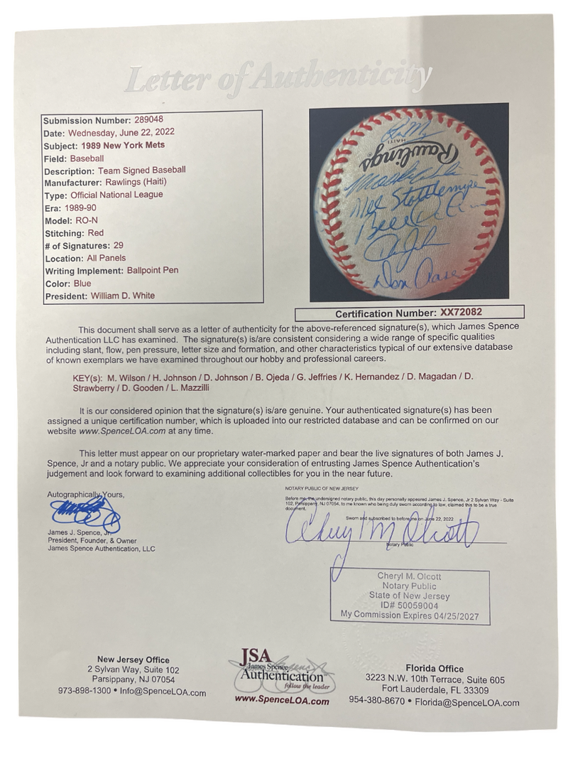1989 New York Mets Team Signed Autograph ONL National League Baseball JSA LOA C