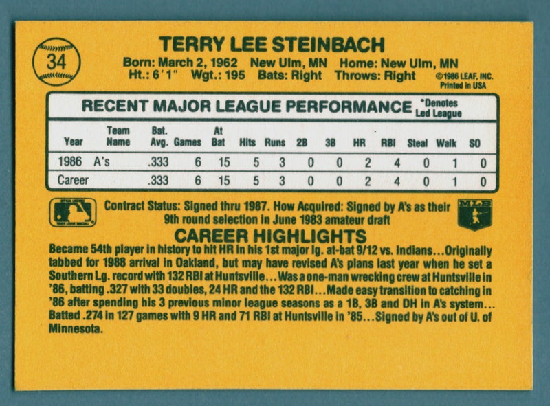 Terry Steinbach Signed 1987 Donruss #34 Rookie RC w/ 3 AS Insc Auto LSCM COA A's