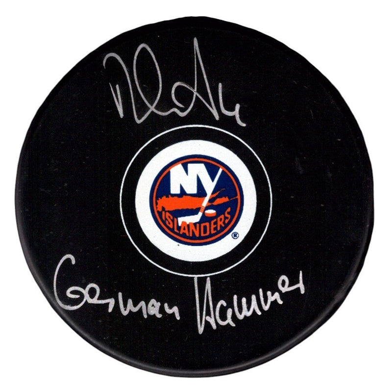 Dennis Seidenberg Signed Islanders Logo Puck w/ German Hammer JSA Witness COA