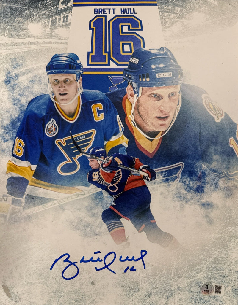 Brett Hull Signed St. Louis Blues 11x14 Photo Edit Beckett Witness BAS COA
