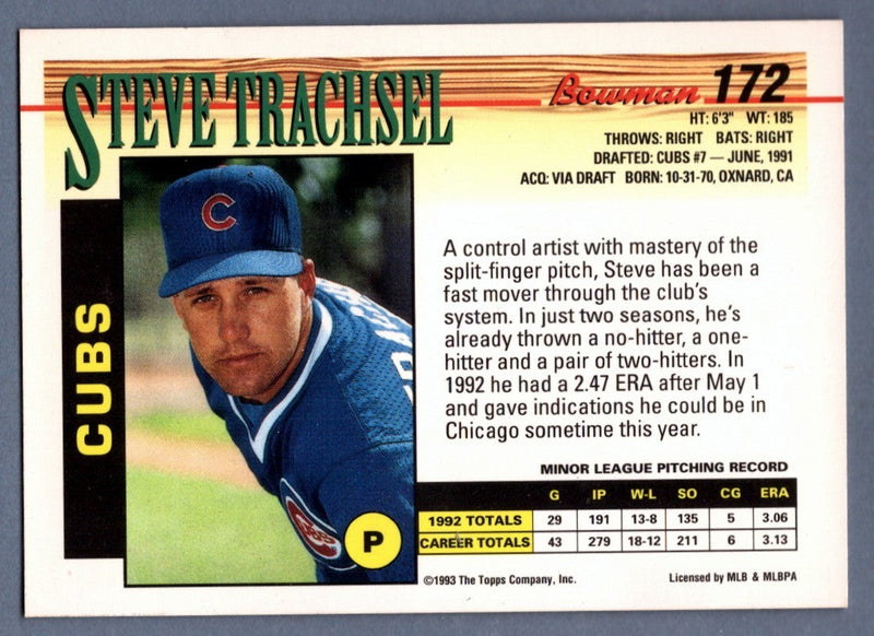 Steve Trachsel Signed 1993 Bowman #172 Rookie RC LSCM COA Chicago Cubs