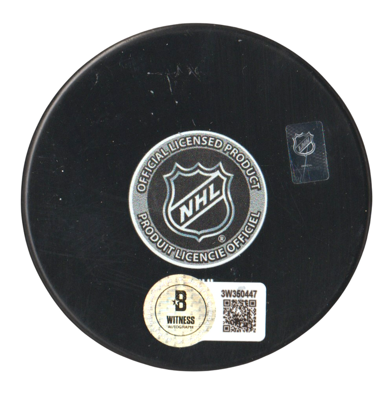 Bryan Trottier Signed Islanders 50th Ann Puck w/ HOF 97 Beckett Witness BAS COA
