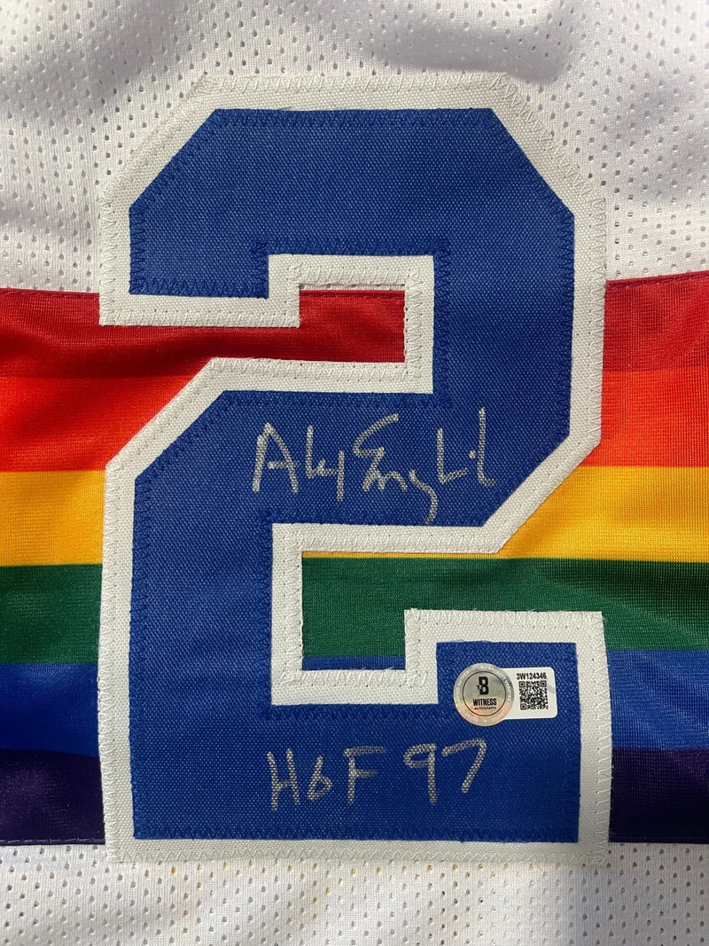 Alex English Signed Nuggets Custom Jersey w/ HOF 97 Beckett Witness BAS COA