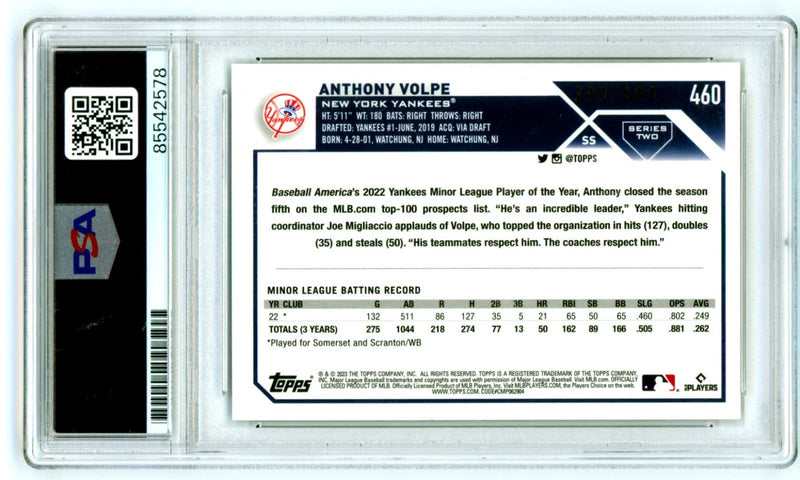 Anthony Volpe 2023 Topps Series 2 460 Green Foilboard RC /499 PSA Authentic Auto