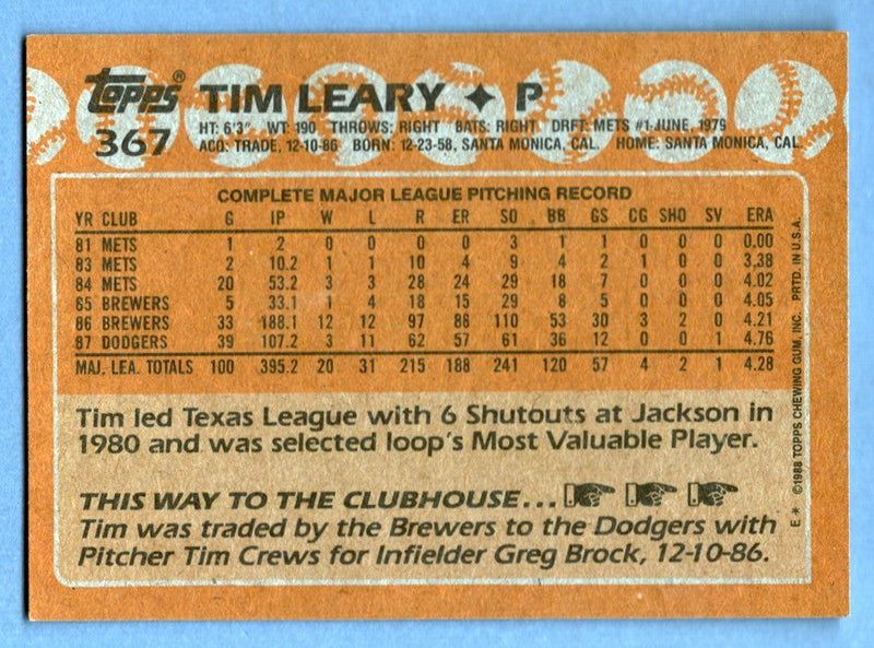 Tim Leary Signed 1988 Topps #367 w/ 88 WSC LSCM COA Los Angeles Dodgers