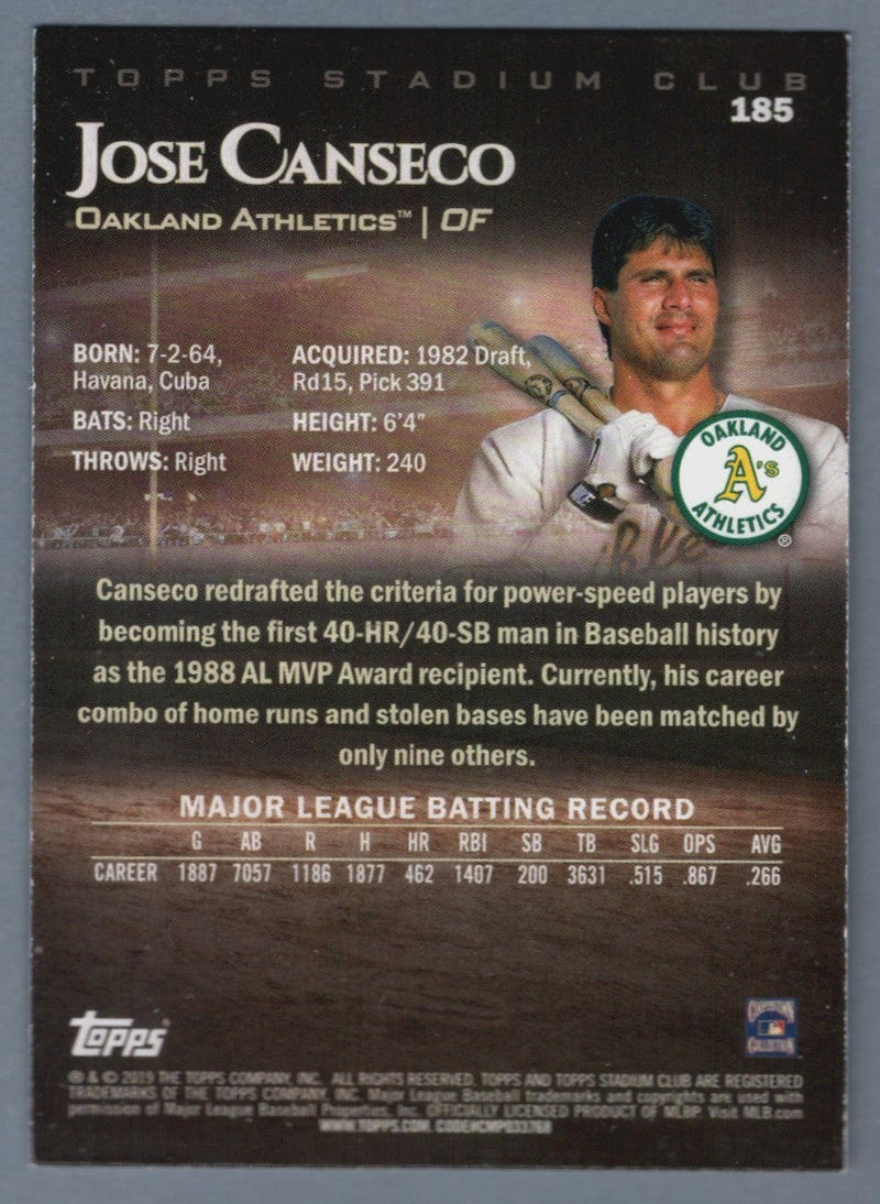 Jose Canseco Signed 2019 Topps Stadium Club #185 LSCM COA Oakland Athletics