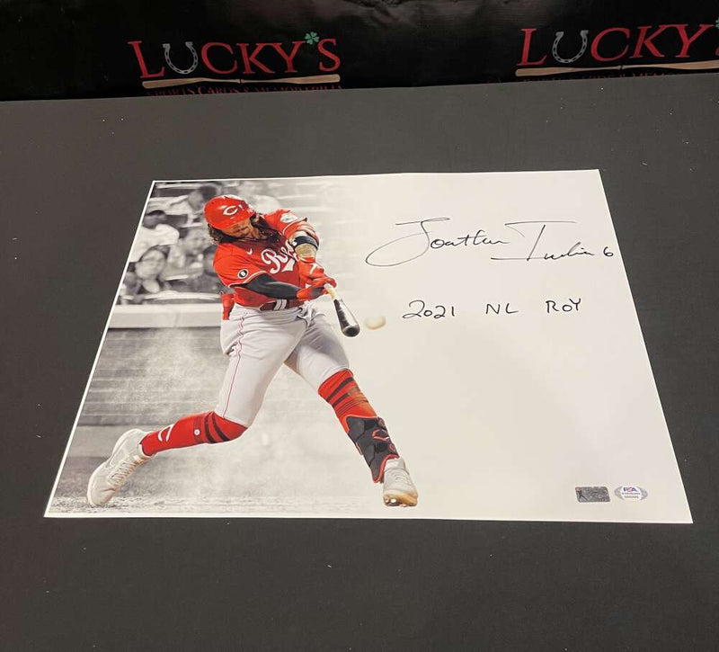 Jonathan India Signed Auto 16x20 Photo Spotlight Hitting PSA COA 2021 NL ROY