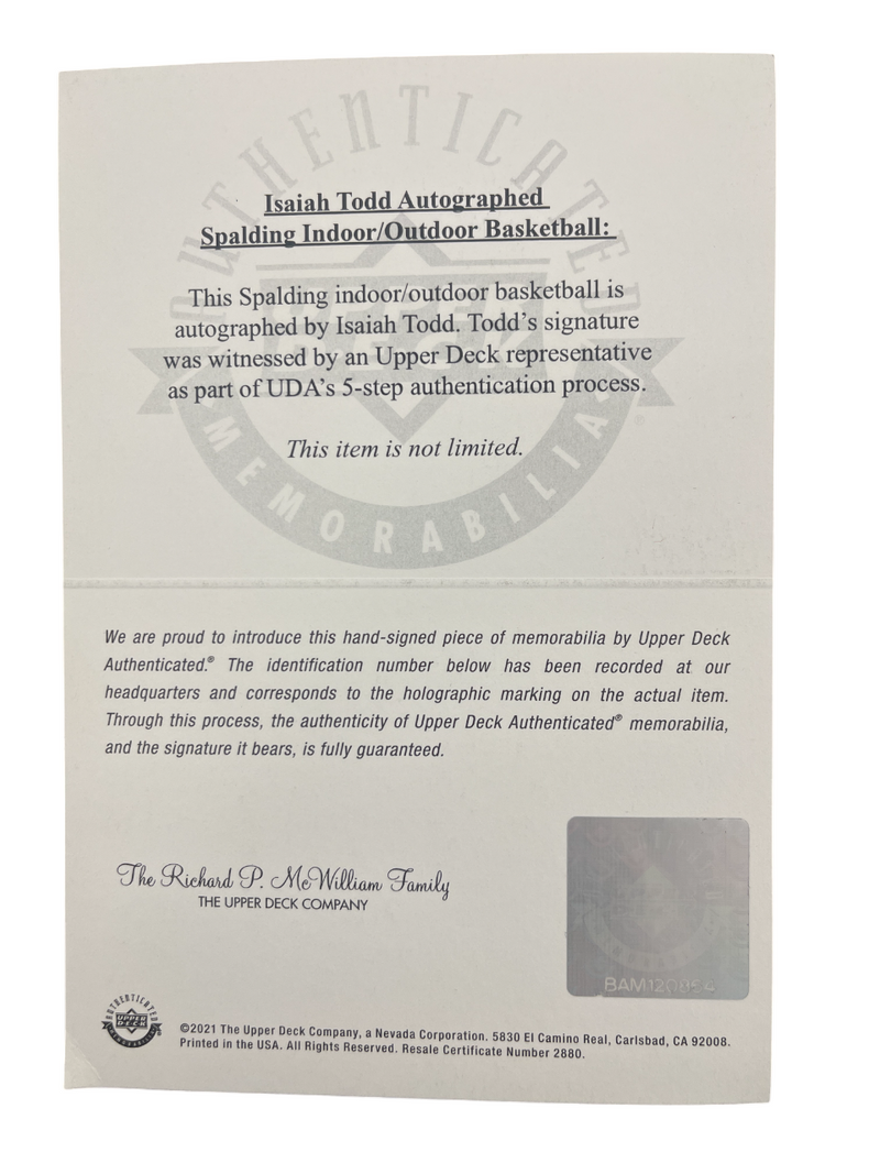 Isaiah Todd Signed Spalding NBA Basketball Upper Deck UDA COA Washington Wizards