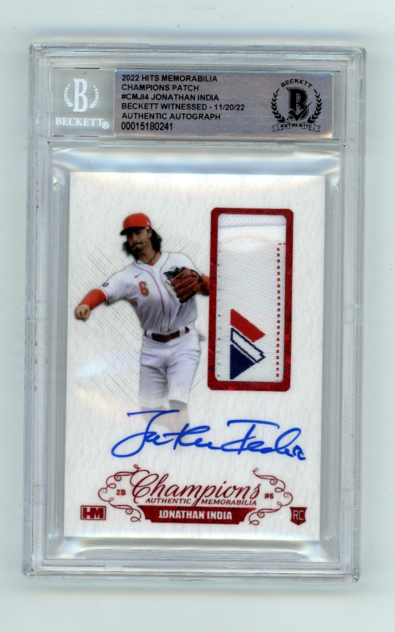 Jonathan India 2021 Hits Memorabilia Champions Red Majestic Tag Patch Auto RC /3