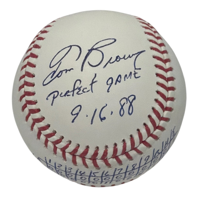 Tom Browning Signed Autographed ROMLB Baseball w/ PG Line Score Ins JSA COA Reds
