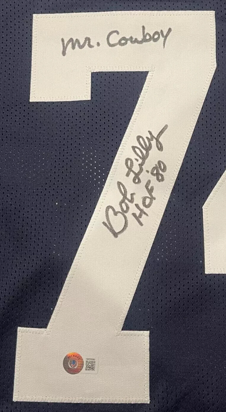 Bob Lilly Signed Dallas Cowboys TB Custom Jersey w/ 4 Ins Beckett Wit BAS COA