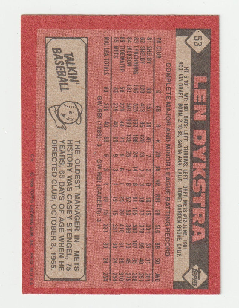 Lenny Dykstra Signed 1986 Topps Baseball #53 Rookie RC LSCM COA New York Mets