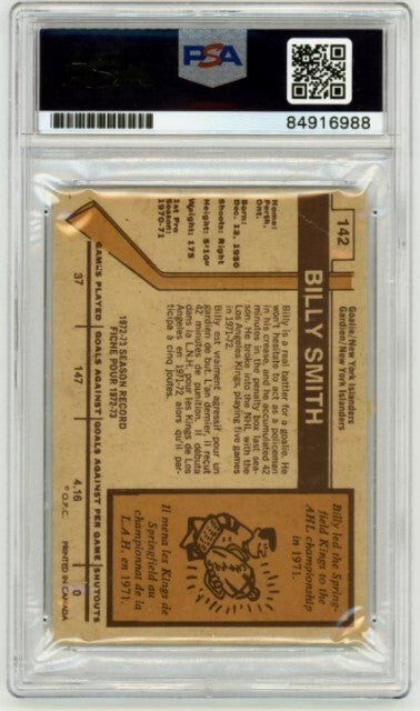 Billy Smith 1973-74 O-Pee-Chee OPC Rookie RC #142 Signed PSA 10 Auto w/ 4 Insc A