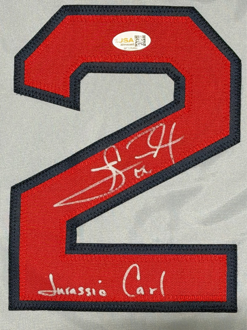 Carl Everett Signed Red Sox Custom Grey Jersey w/ Jurassic Carl JSA Witness COA