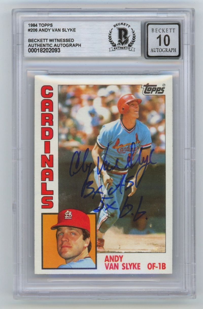 Andy Van Slyke 1984 Topps #206 Signed Rookie RC w/ 2 Insc. Beckett BGS 10 Auto