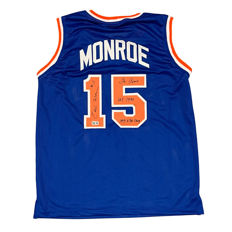 Earl Monroe Signed NY Knicks Custom Jersey w/ 3 Ins Beckett Witness BAS COA