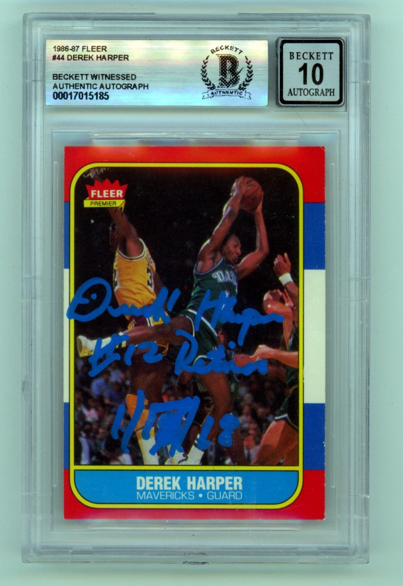 Derek Harper 1986-87 Fleer 44 Rookie RC Signed 12 Retired Insc BAS BGS 10 Auto B