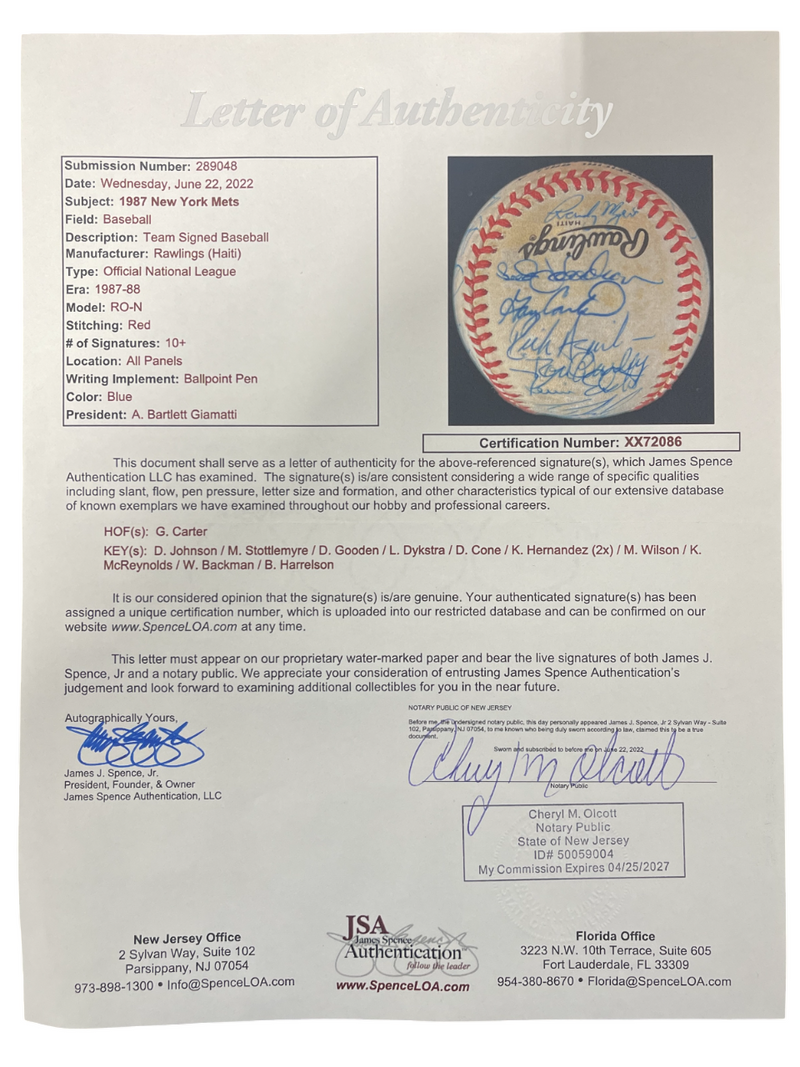 1987 New York Mets Team Signed Autographed ONL National League Baseball JSA LOA