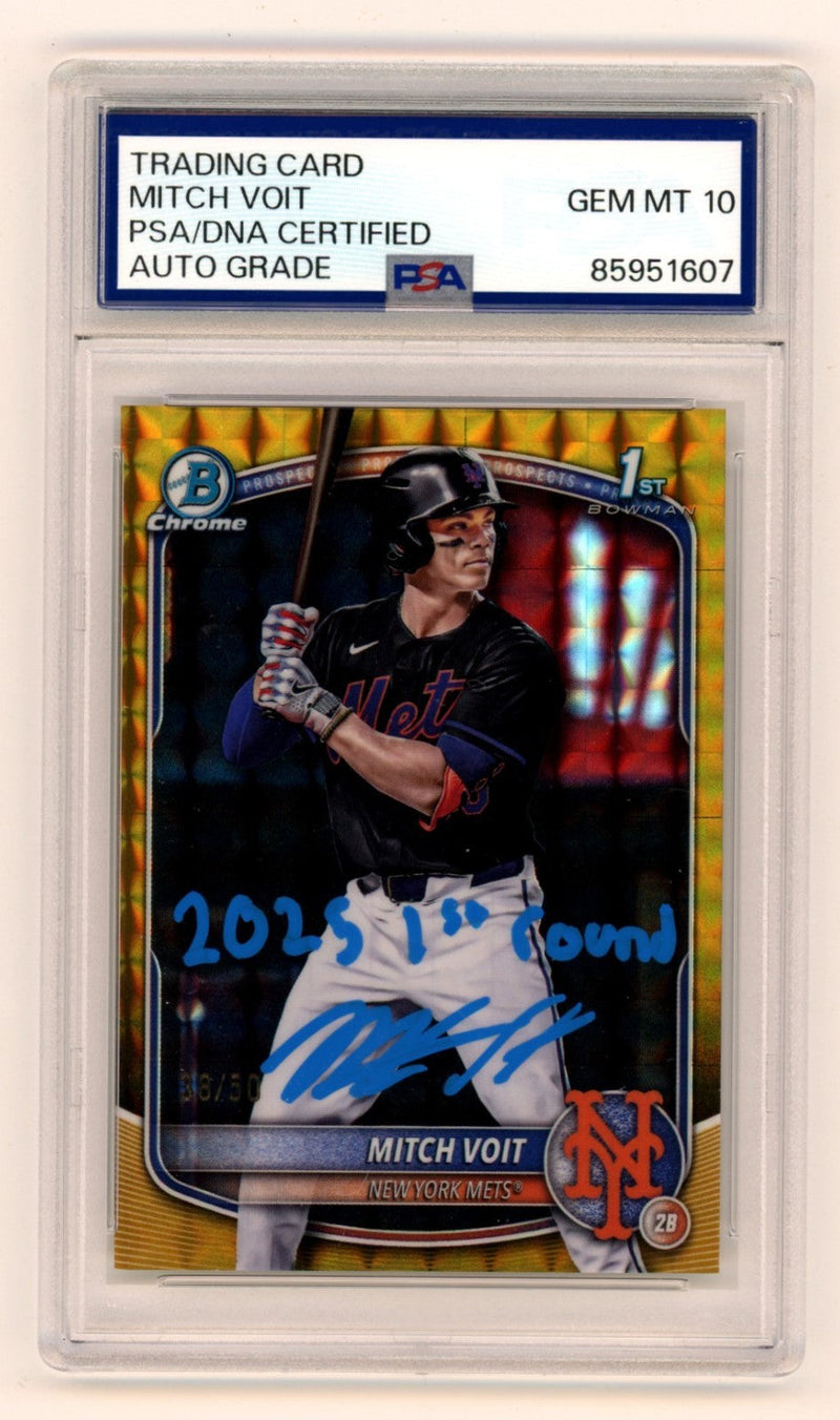 Mitch Voit 2025 Bowman Chrome Signed 1st Gold Geometric Ref RC /50 Insc. PSA 10