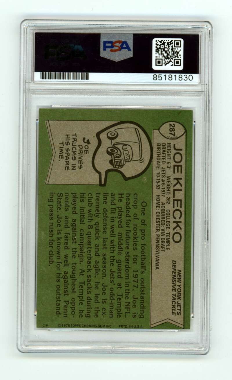Joe Klecko 1978 Topps #287 Rookie RC w/ HOF 23 Insc Signed PSA 10 Auto Jets