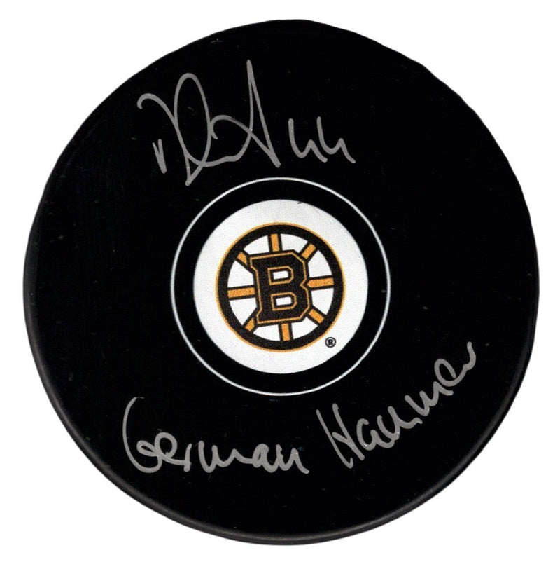 Dennis Seidenberg Signed Boston Bruins Logo Puck w German Hammer JSA Witness COA