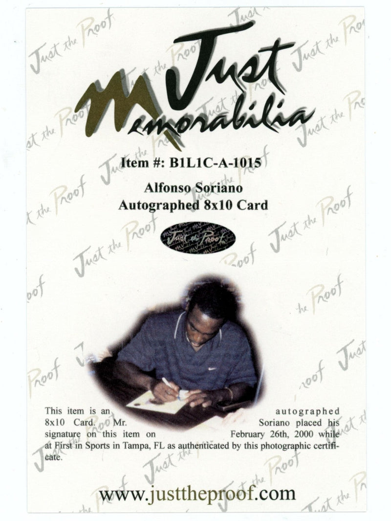Alfonso Soriano Signed Autographed 1999 Just Debuts 8x10 Just Memorabilia COA