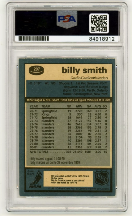 Billy Smith 1981-82 O-Pee-Chee OPC #207 Signed PSA Authentic Auto Islanders HOF
