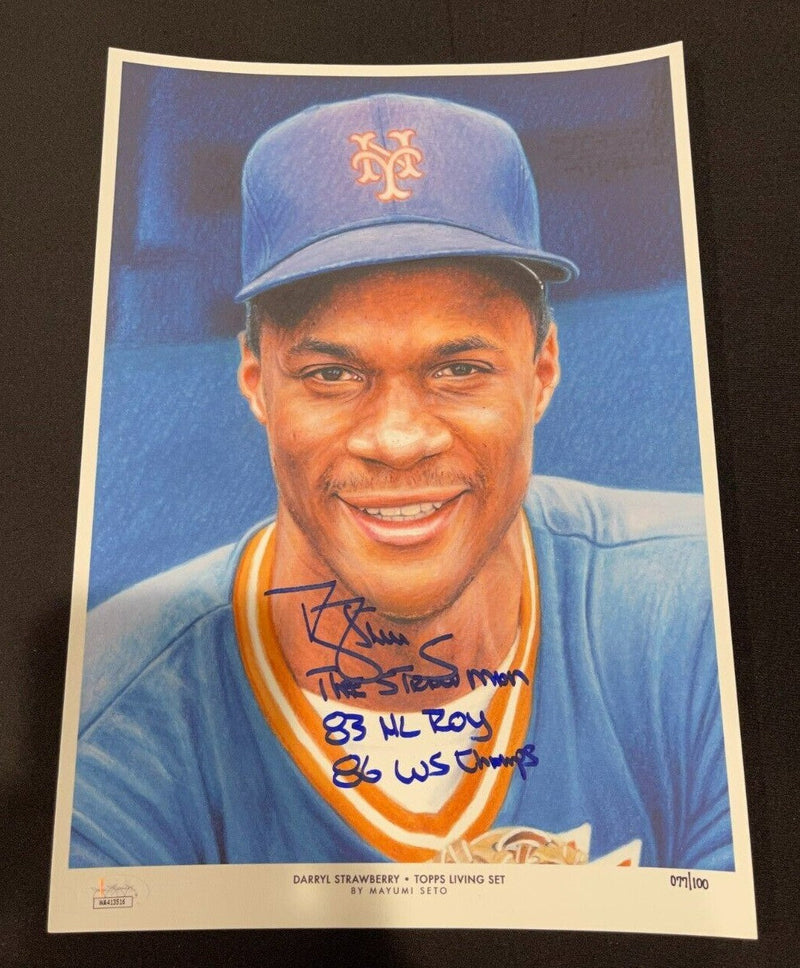Darryl Strawberry Signed Auto 10x14 Topps Living Art Print /100 3x Insc. JSA COA