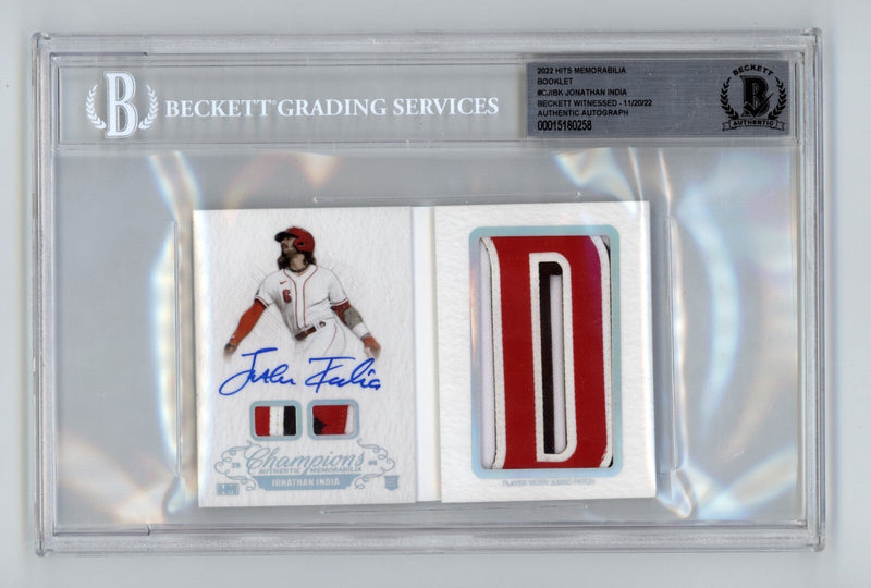 Jonathan India 2021 Hits Memorabilia Champions Letter Patch Auto Booklet #/6 BGS