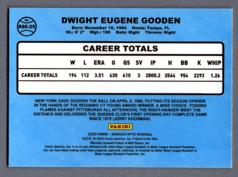 Dwight Doc Gooden Signed 2020 Donruss Optic Retro 1986 #R86-25 LSCM COA Mets
