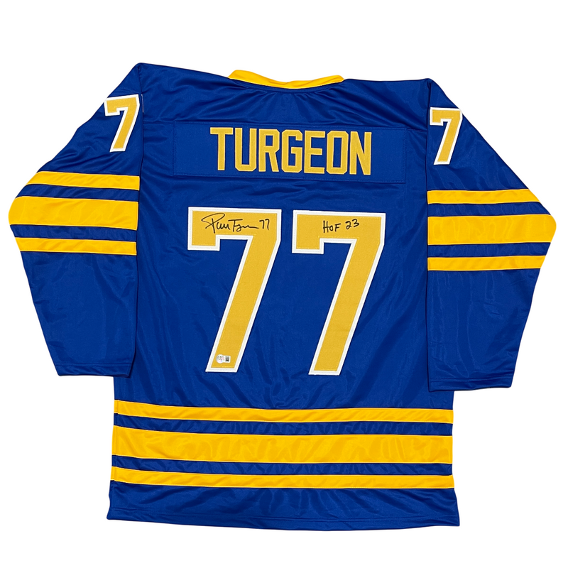 Pierre Turgeon Signed Sabers Custom Jersey w/ HOF 23 Beckett Witness BAS COA