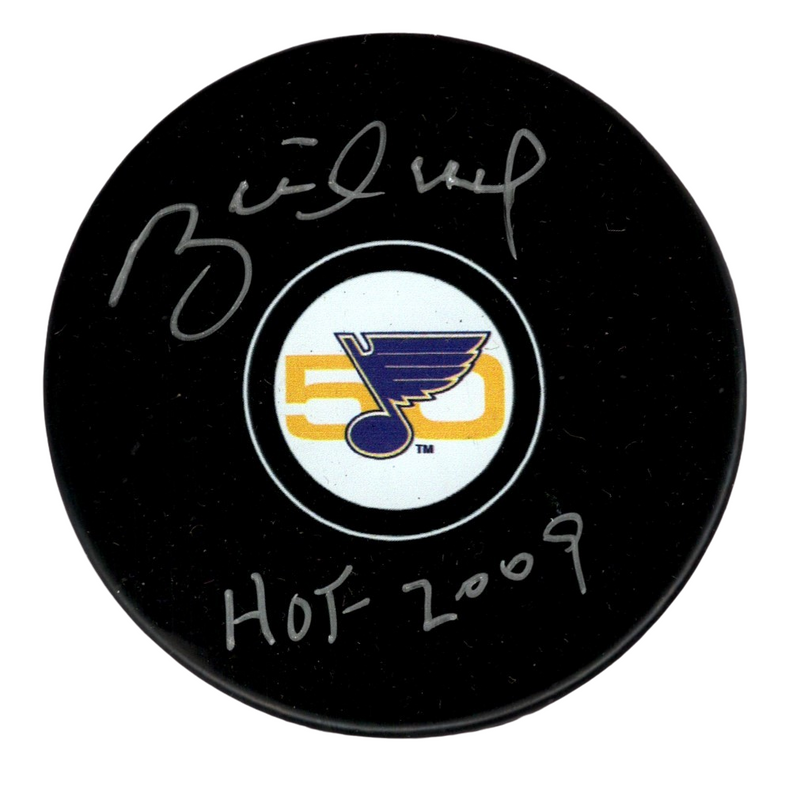 Brett Hull Signed Auto Blues 50th Anniversary Puck w/ HOF 2009 Beckett W BAS COA