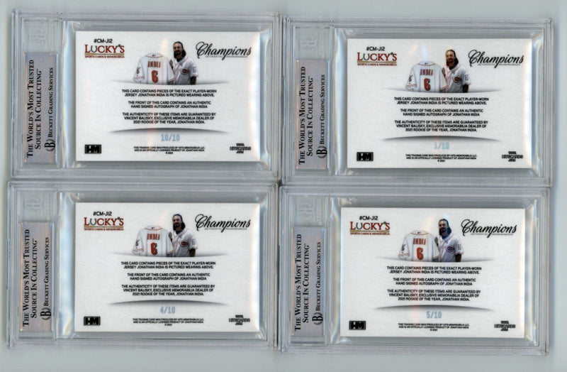 Jonathan India 2021 Hits Memorabilia Champions Patch Dual Auto RC #/10 BGS BAS