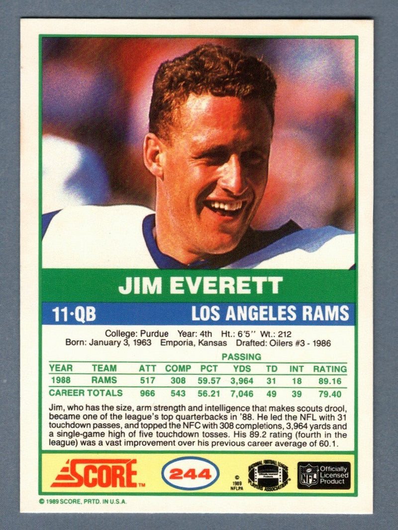 Jim Everett Signed 1989 Score Football #244 w/ 1990 Pro Bowl! LSCM COA LA Rams
