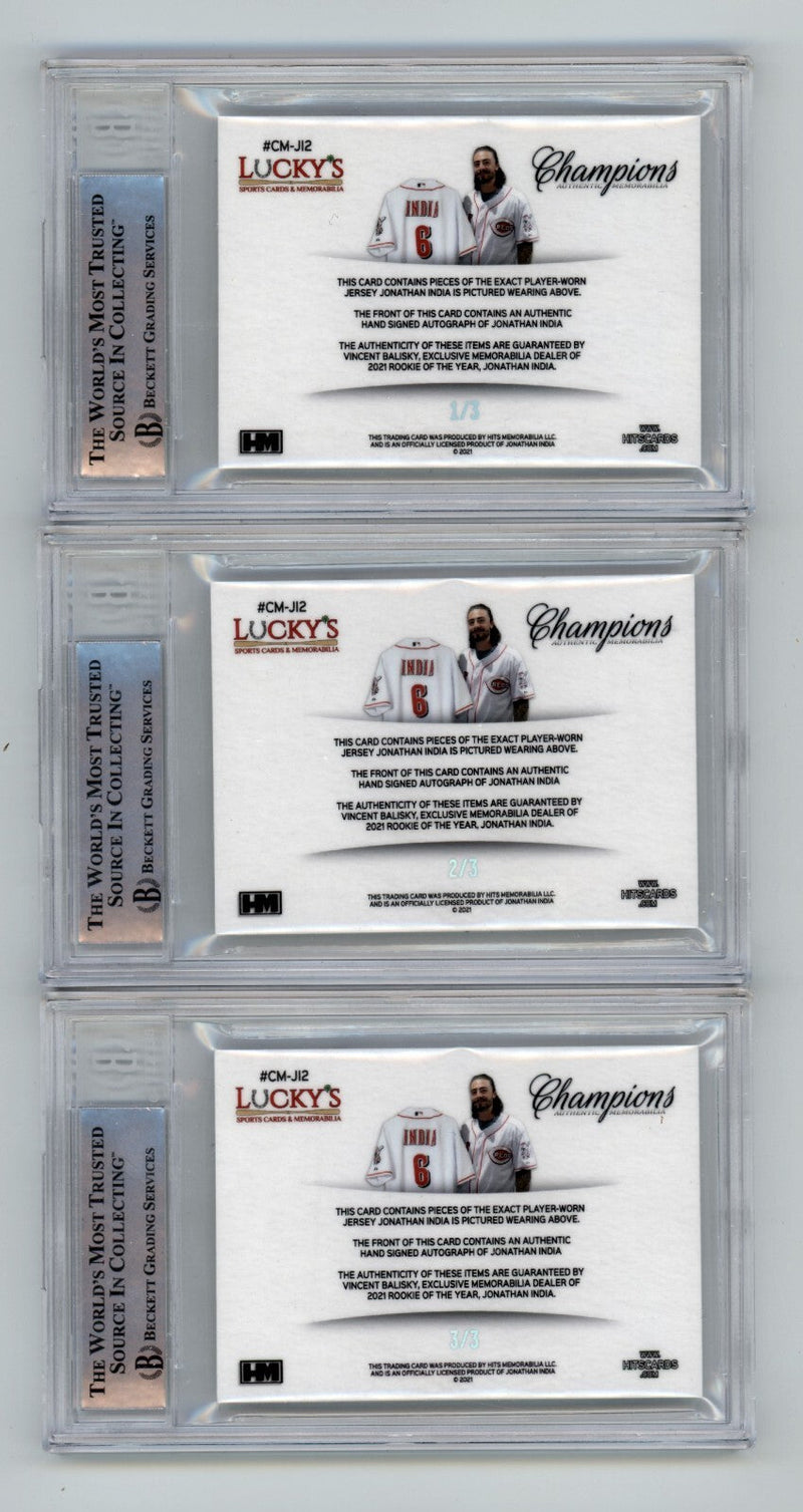 Jonathan India 2021 Hits Memorabilia Champions Ice Patch Dual Auto RC /3 BGS BAS