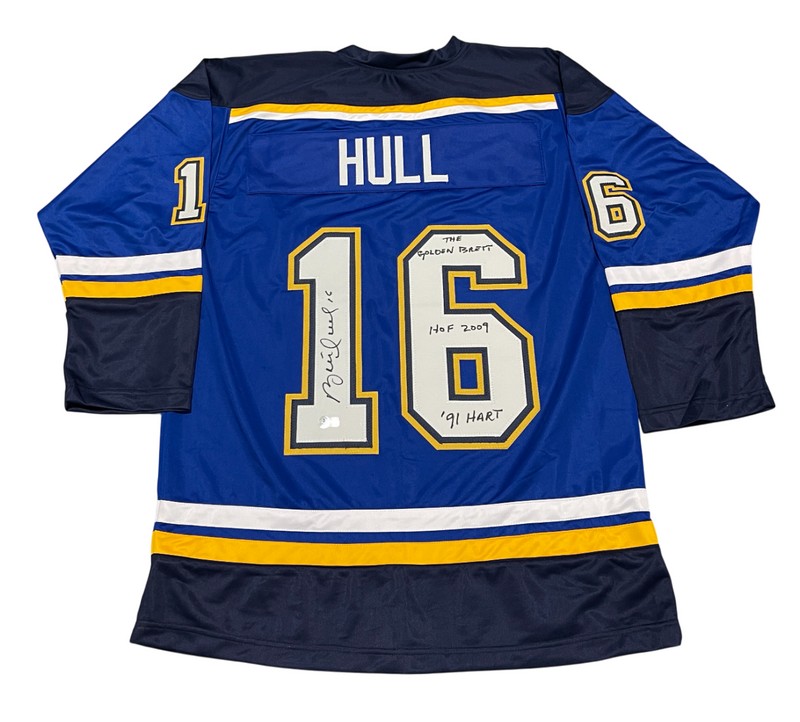 Brett Hull Signed Auto Blues Custom Jersey w/ 3 Insc Beckett Witness BAS COA