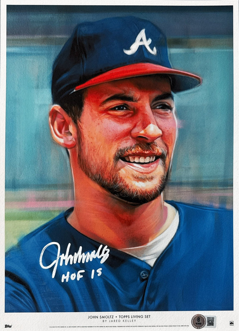 John Smoltz Signed 11x17 Topps Living Print w/ HOF 15 Beckett Witness BAS COA