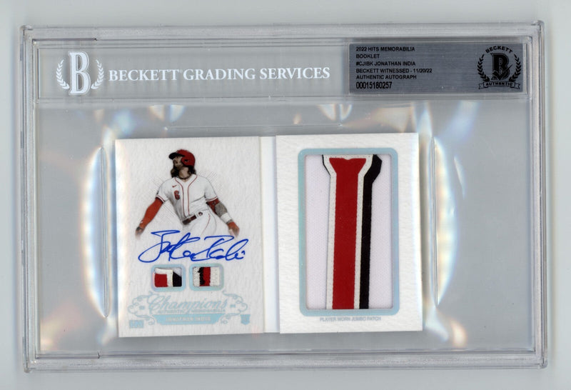 Jonathan India 2021 Hits Memorabilia Champions Letter Patch Auto Booklet #/6 BGS