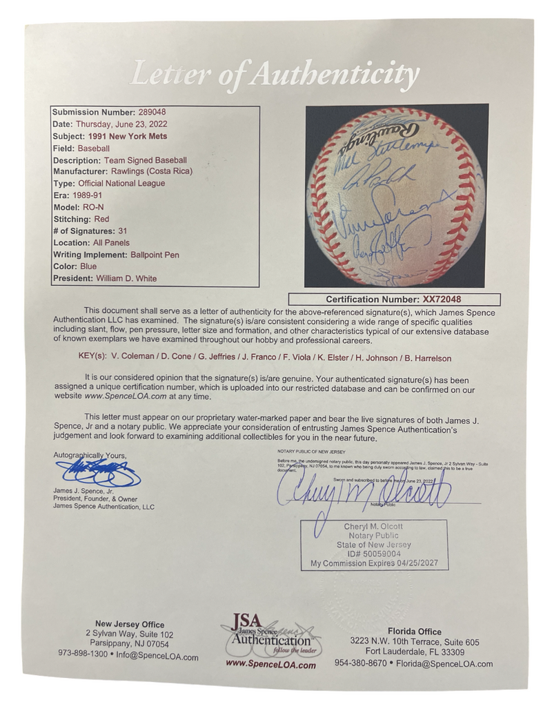 1991 New York Mets Team Signed Autograph ONL National League Baseball JSA LOA B