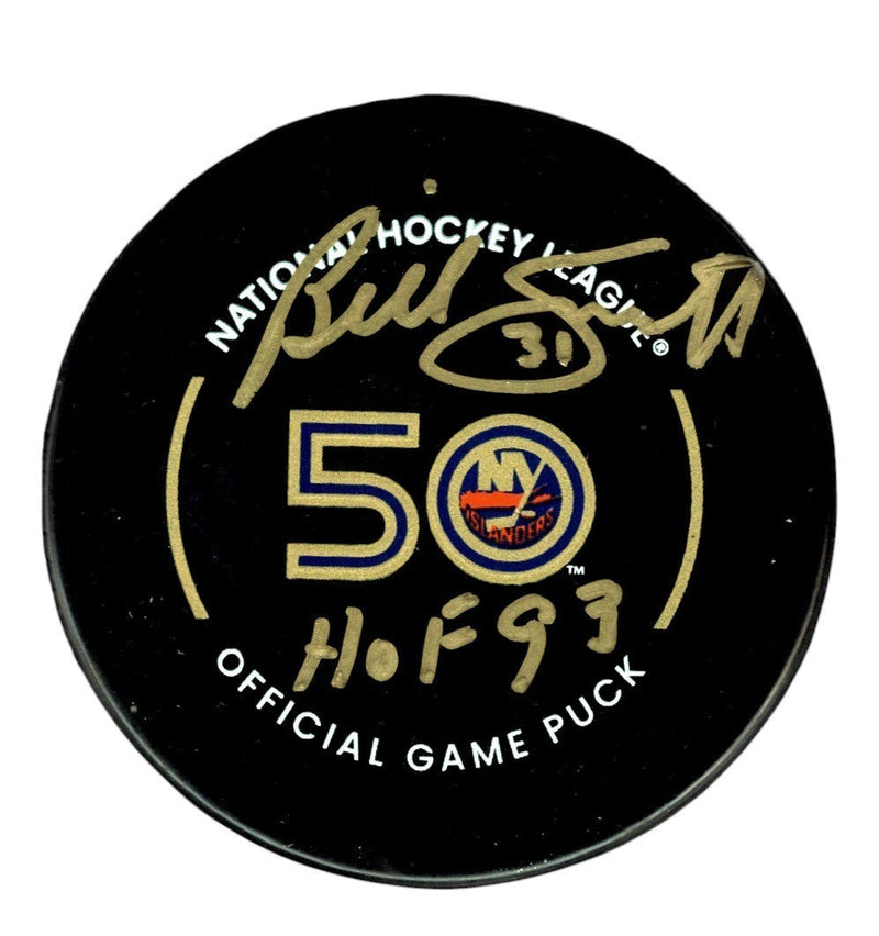 Billy Smith Signed Islanders 50th Anniversary Game Puck w/ HOF 93 JSA Wit COA
