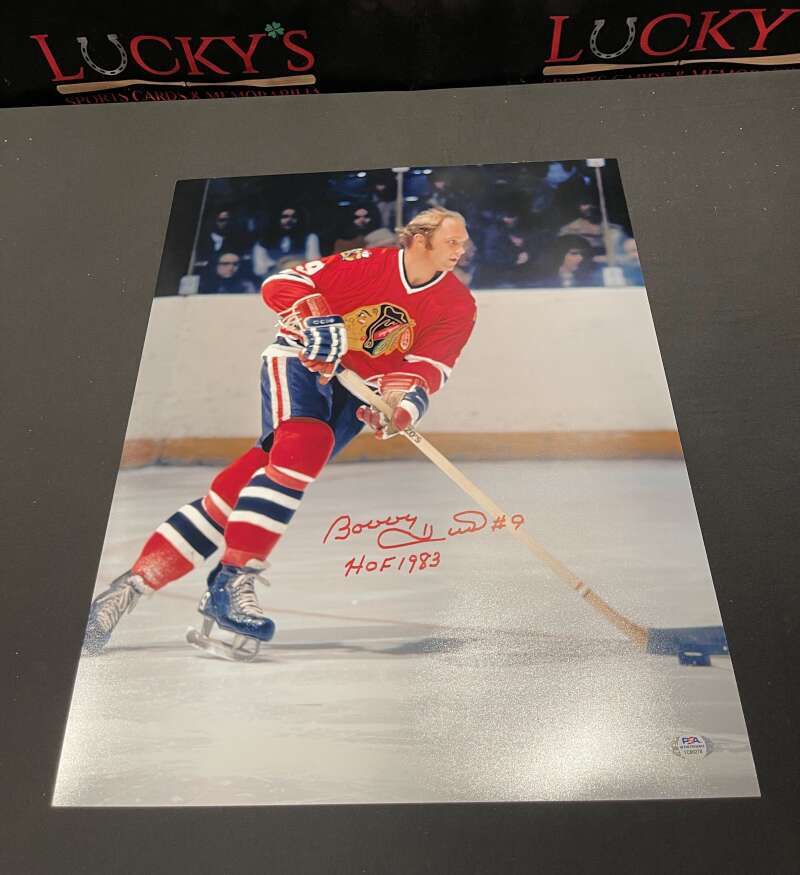 Bobby Hull Signed Autographed 16x20 Photo w/ HOF 1983 Blackhawks PSA COA