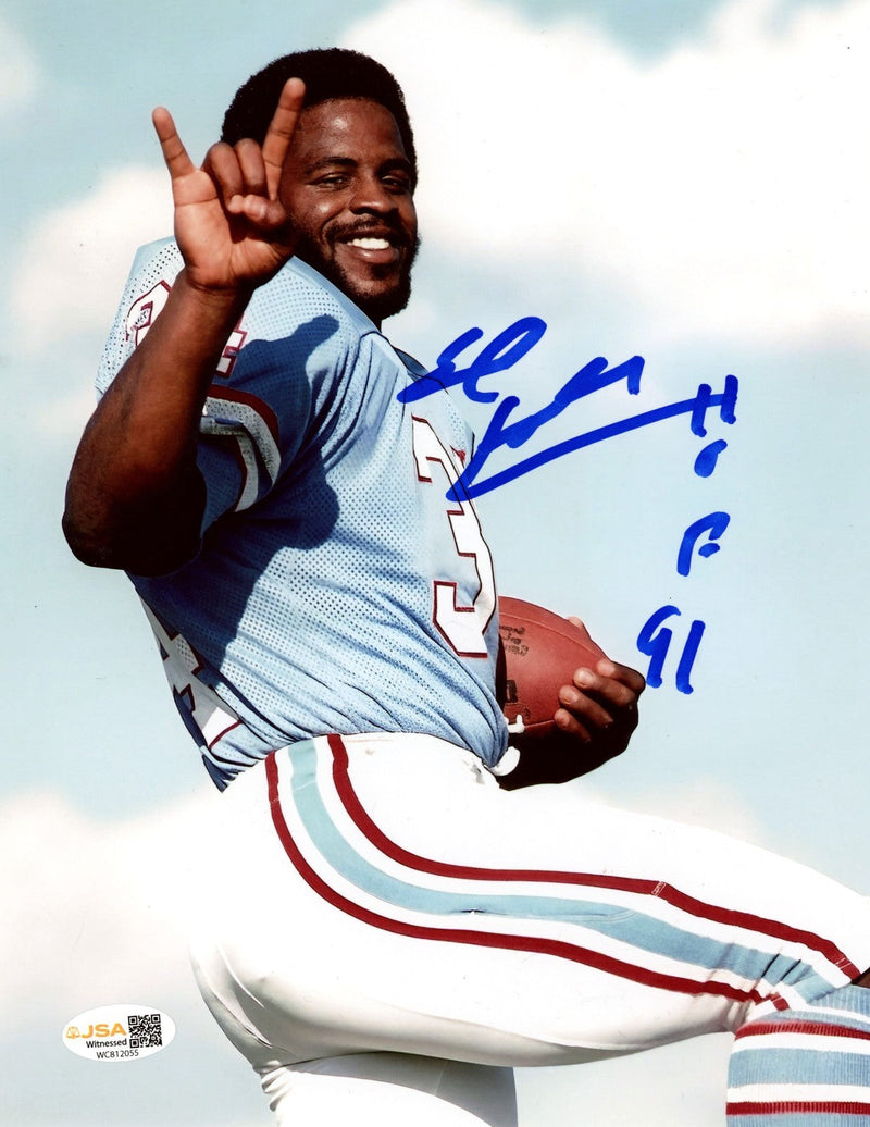 Earl Campbell Signed Houston Oilers 8x10 Photo w/ HOF 91 Insc. JSA Witness COA