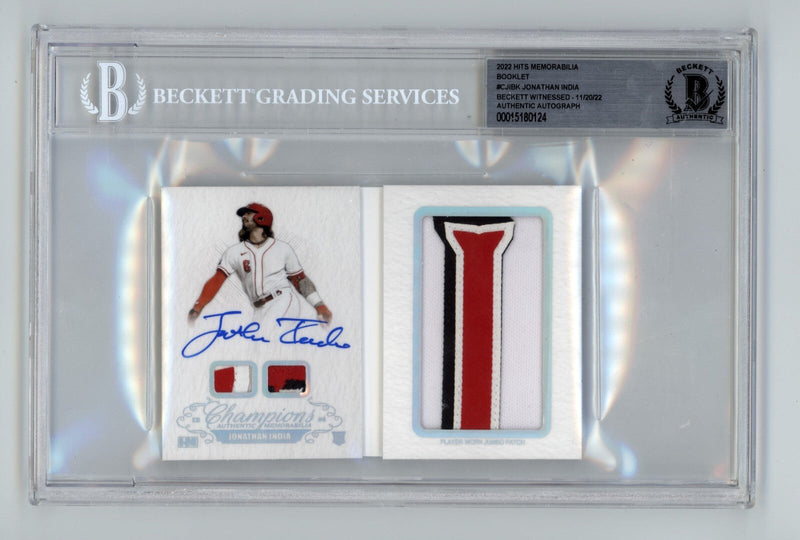 Jonathan India 2021 Hits Memorabilia Champions Letter Patch Auto Booklet #/6 BGS