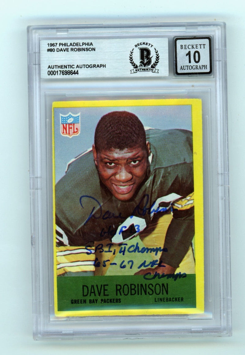 Dave Robinson 1967 Philadelphia #80 Signed Rookie RC w 3 Insc HOF BGS 10 Auto B