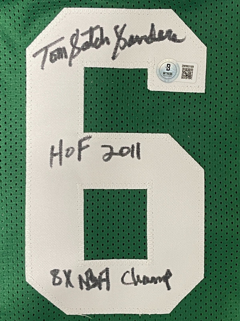 Tom "Satch" Sanders Signed Celtics Custom Jersey w/ 2x Insc Beckett Wit BAS COA