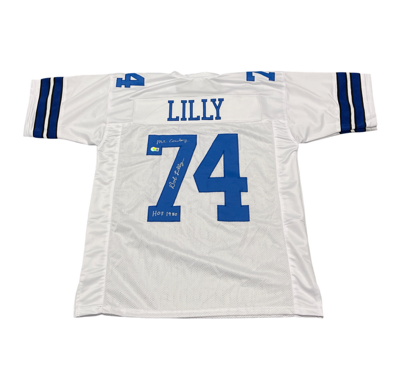 Bob Lilly Signed Dallas Cowboys Custom Jersey w/ 2 Ins Beckett Witness BAS COA