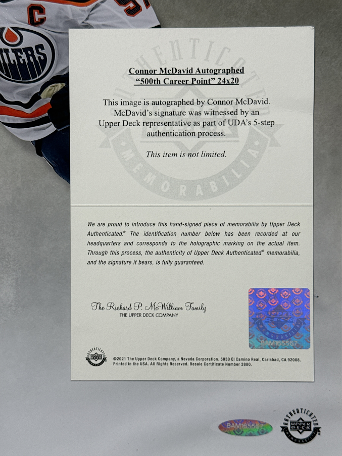 Connor McDavid Signed 500th Career Point 20x24 Photo Upper Deck UDA COA Oilers