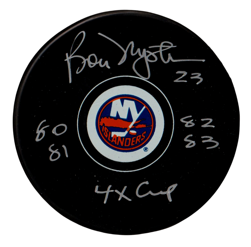 Bobby Nystrom Signed  Islanders Logo Puck w 4x Cup 80 81 82 83 Beckett W BAS COA